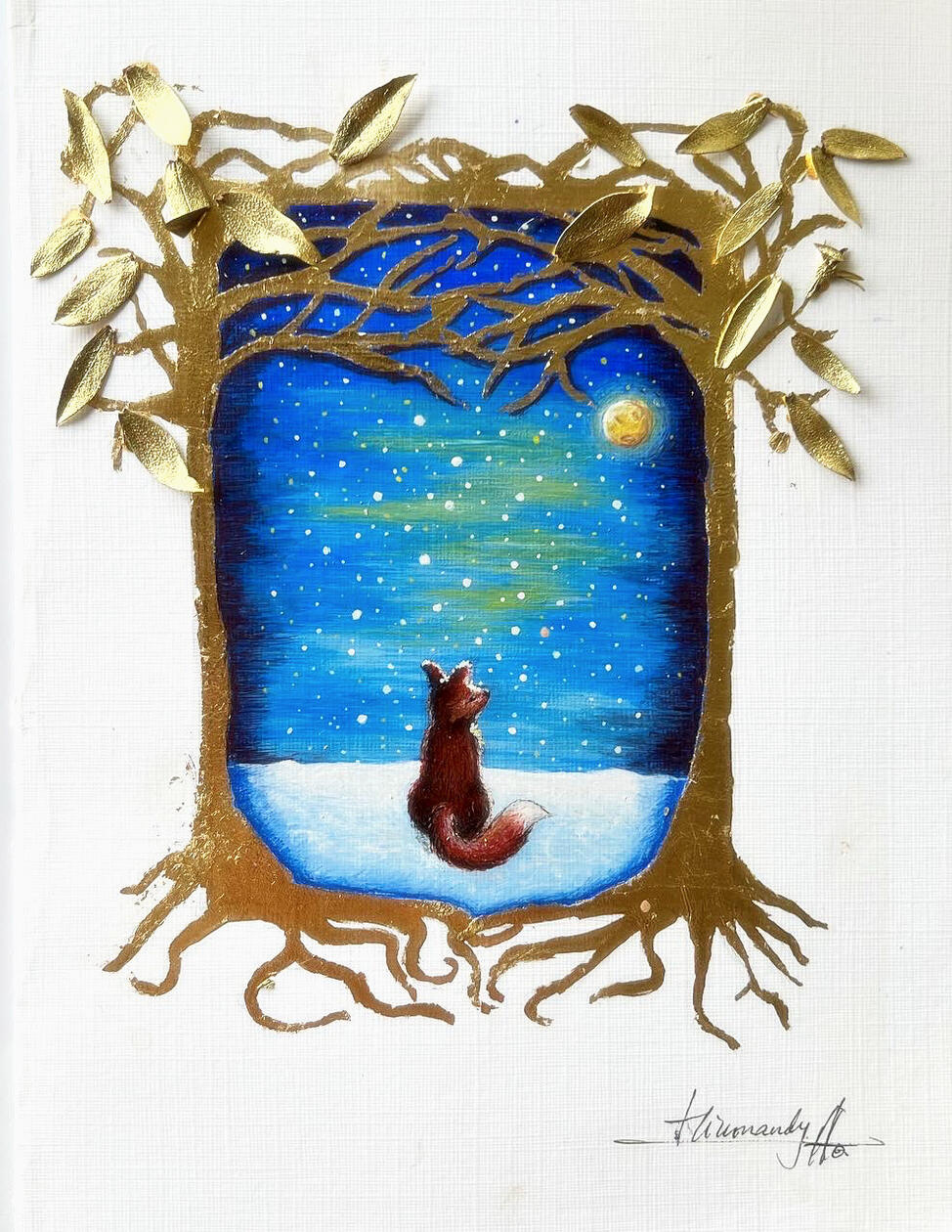 Dry Pigments, Gold leafs, Leafs on Paper 12.5 x 16cm