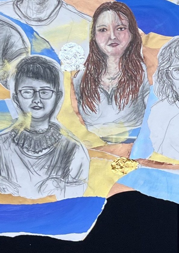 Detail: live portraits in graphite and charcoal with gold leaf