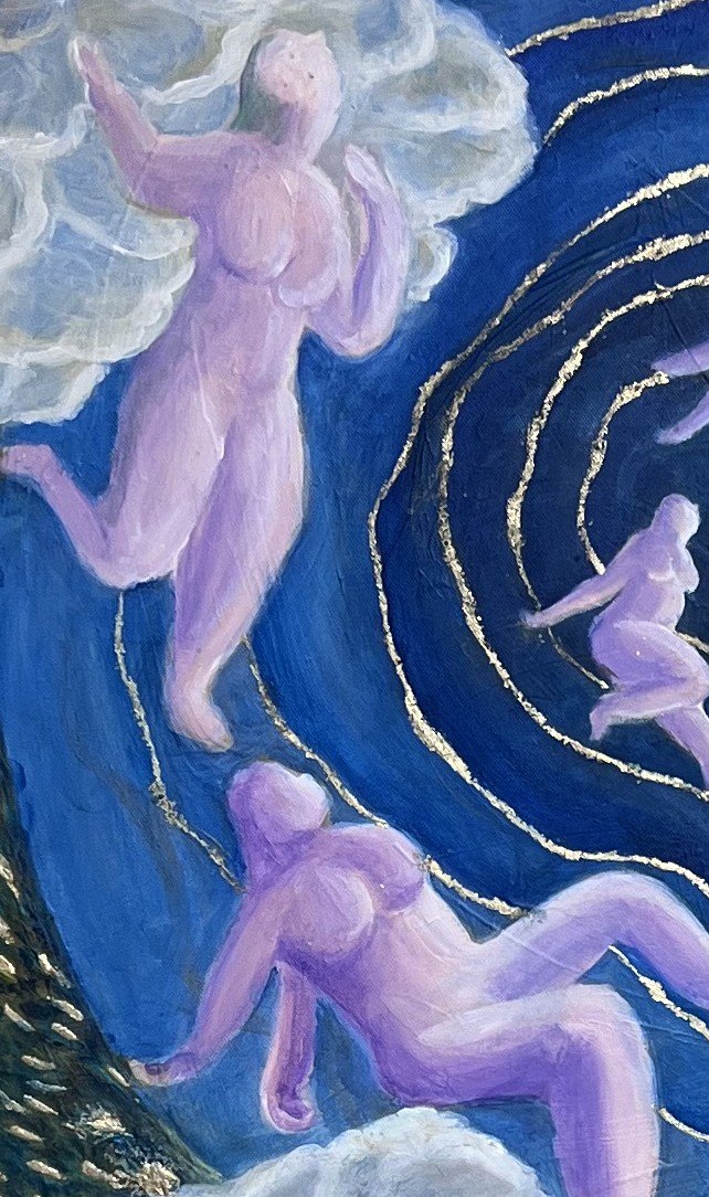 Detail: figures rising through cloud beside the gilded spiral