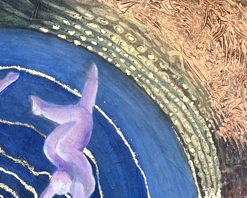 Detail: a descending figure and the gold-dotted copper ground