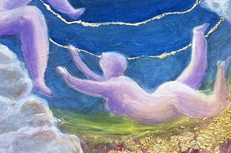 Detail: reclining figures reaching across gold and cloud